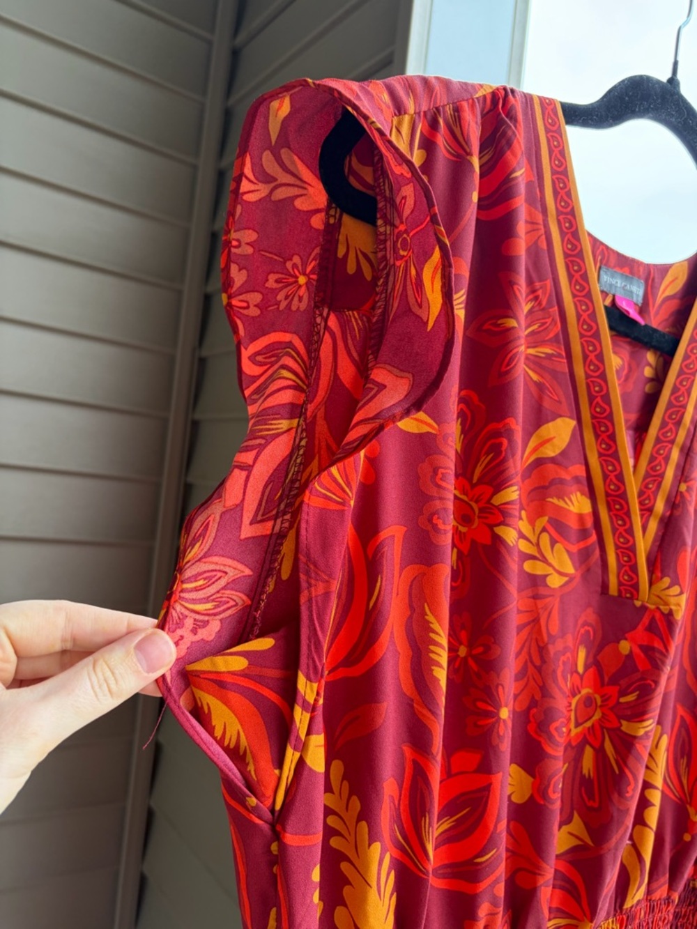🆕🍎 Vince Camuto Boho Floral Maxi Dress Red Orange Tiered Size L Summer Flowy - Picture 10 of 16
